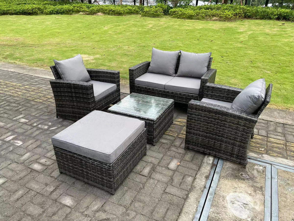 GARTENSOFA SET mit Couchtisch Polyrattan Dunkelgrau 5-Sitzer - Dunkelgrau, Metall - Fimous