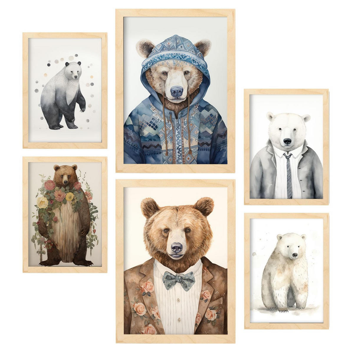 POSTER Set Mit 6 Bärenanzüge A3 & A4 Rahmen Aus Hellem Holz - Beige, Papier (29/3cm) - Nacnic