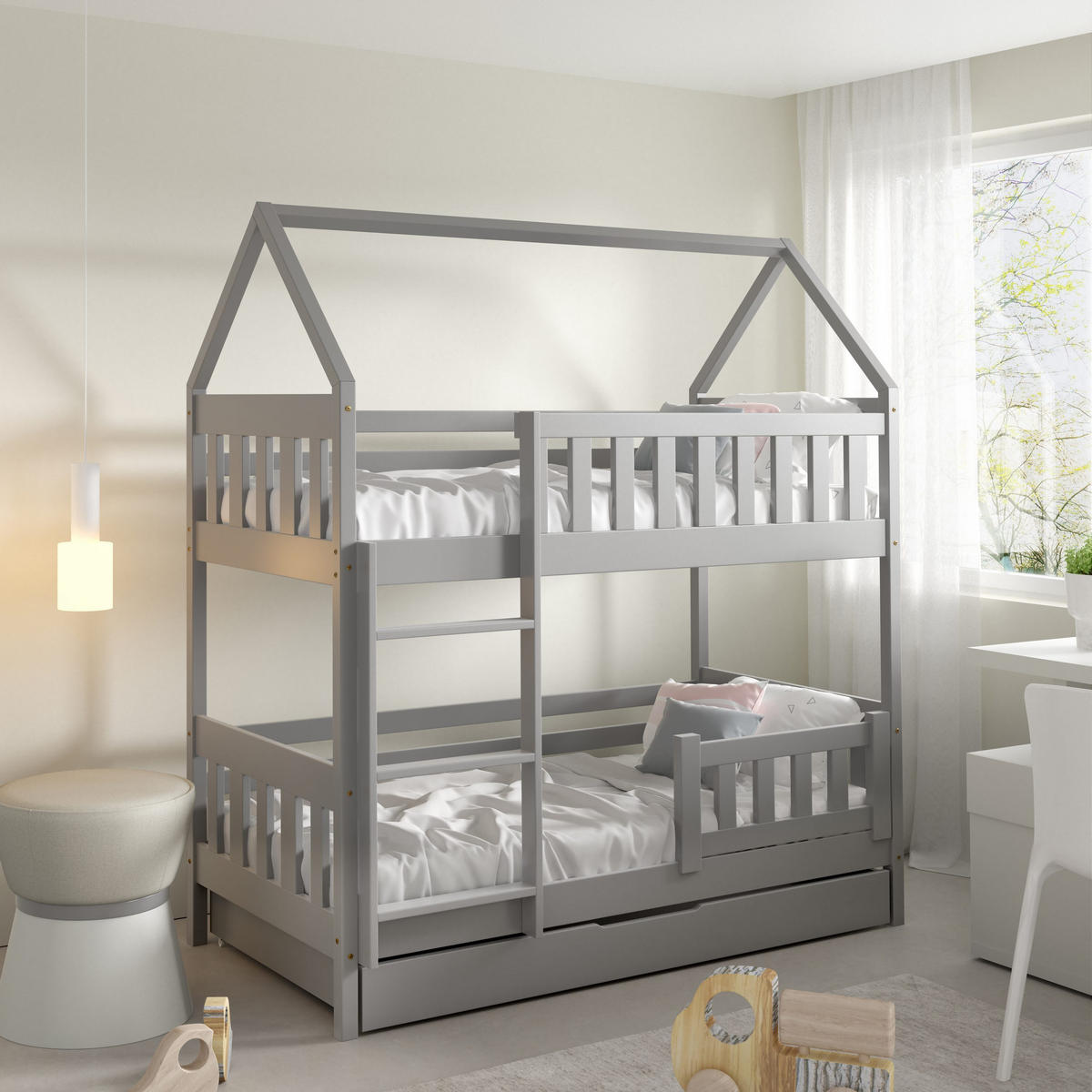 ETAGENBETT ELENA mit Bettkasten 80x160 cm Hellgrau - Hellgrau, Holz (80/160cm) - MASSENO