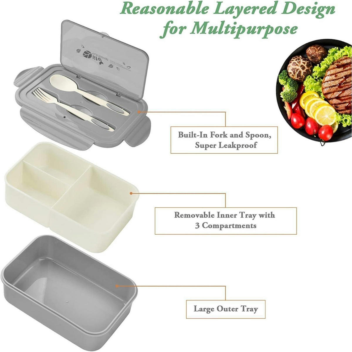 BENTO Box mit 3 Fächern und Besteck Grau - Grau, Kunststoff (13.2/7.1/19.8cm)