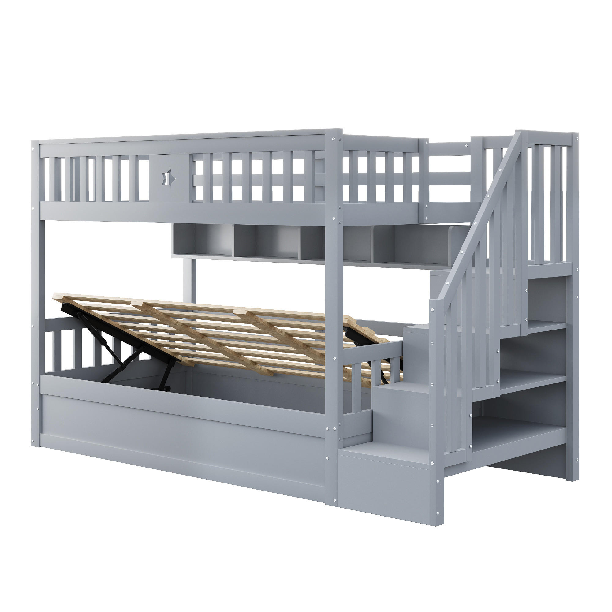ETAGENBETT 90/200 cm Grau mit Stauraum, Stauraumtreppe und Ablagefächern - Grau, Holz (90/200cm) - Oxeza