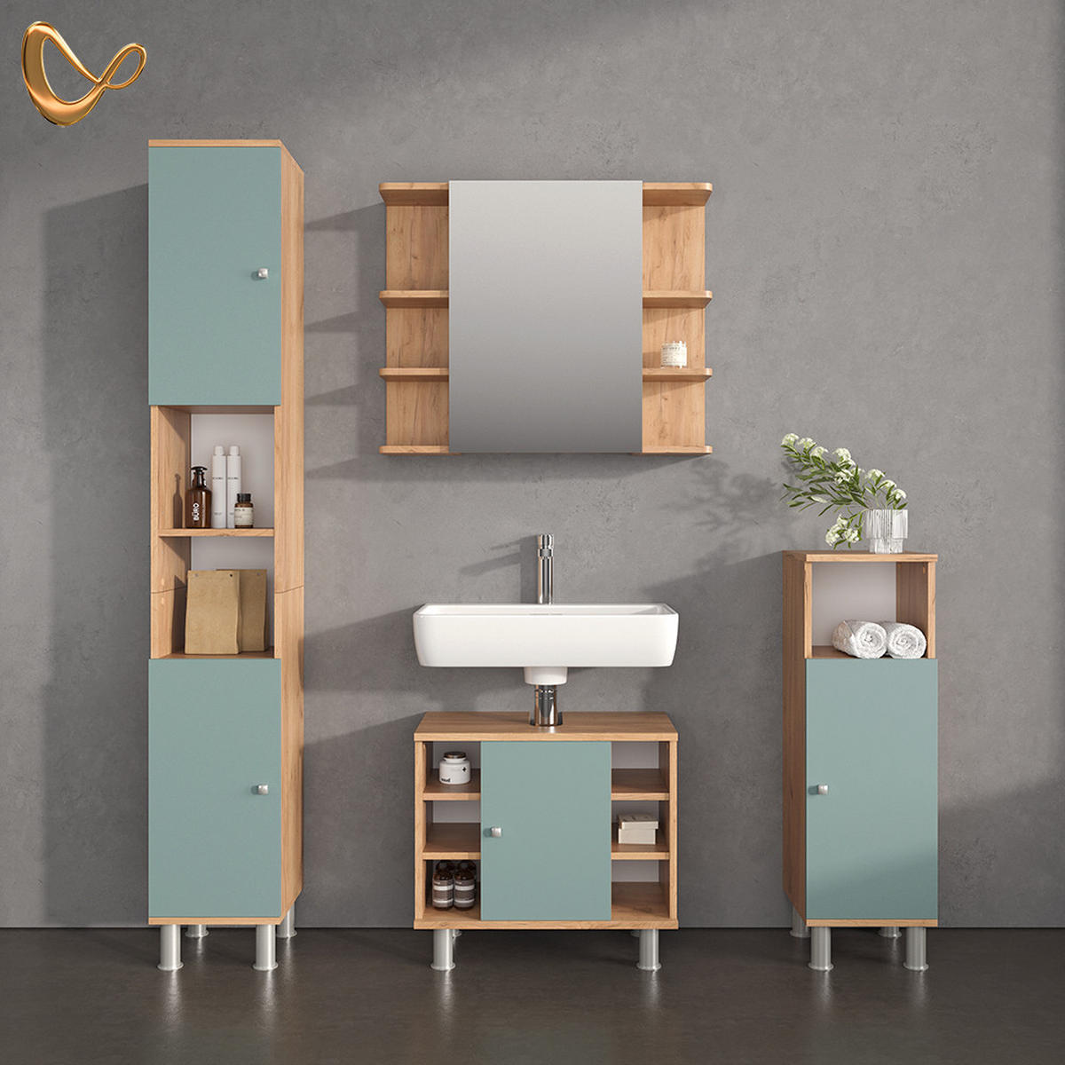 BADMÖBEL-SET Fucino Grün 4 Teile - Honigeiche/Grün, Holzwerkstoff (60/54/32cm) - Livinity®