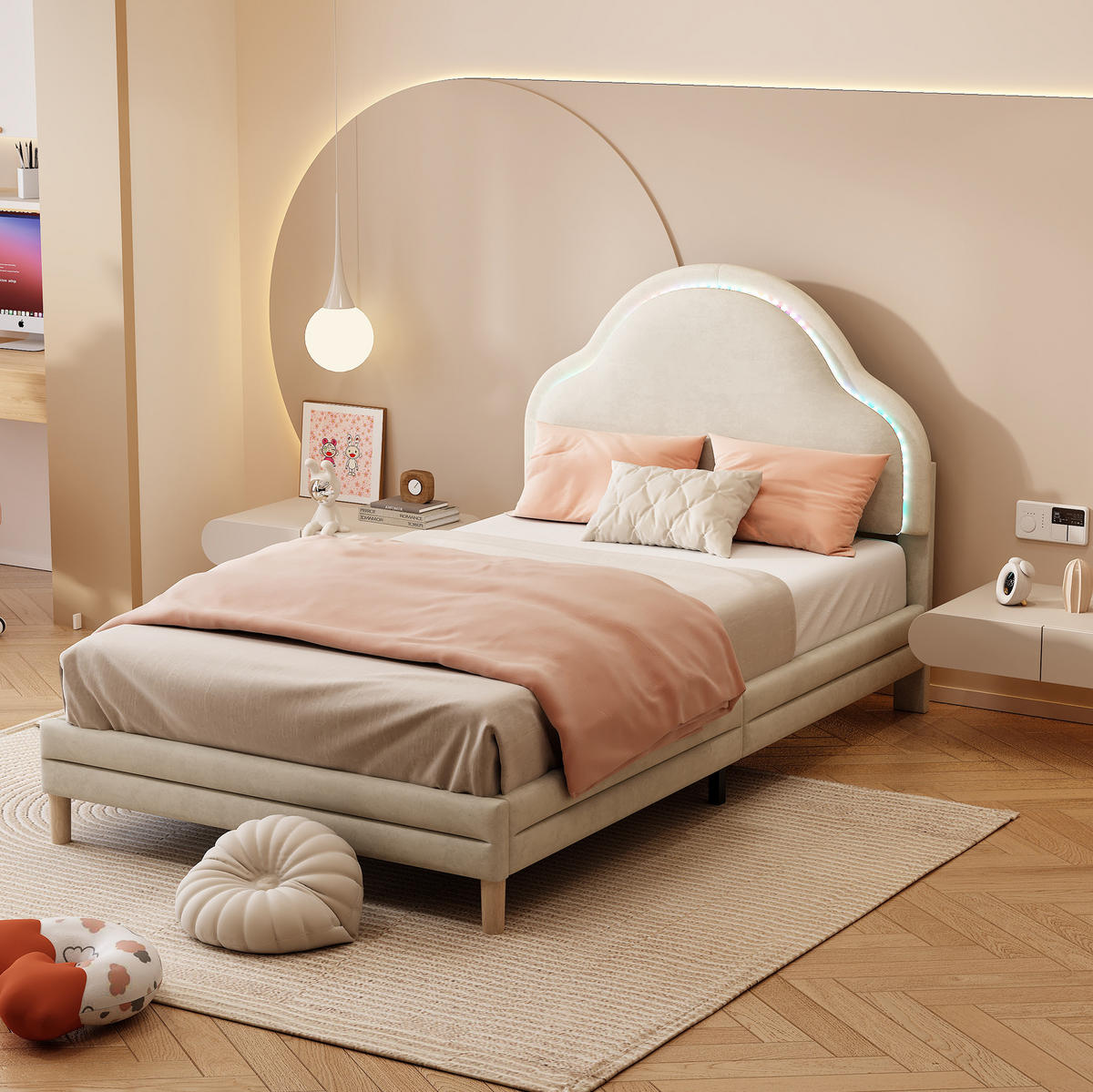 POLSTERBETT 90/200 cm Beige mit wolkigem Kopfteil und LED-Beleuchtung aus Samt - Beige, Textil (90/200cm) - OKWISH