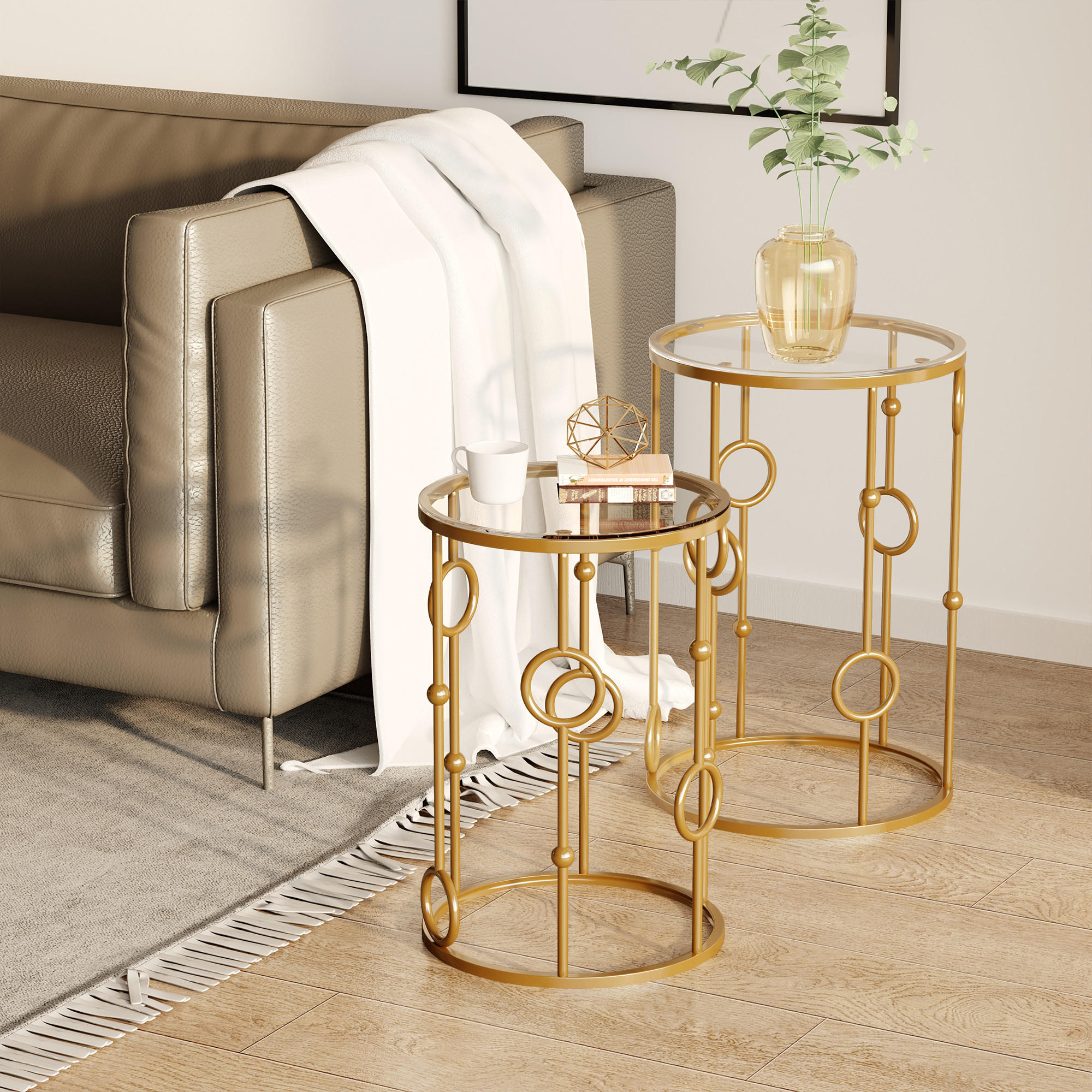2ER-SET Couchtisch, Beistelltisch mit Glasplatte, Wohnzimmertisch Sofatisch - Goldfarben, Glas (41/41/57cm) - HOMCOM