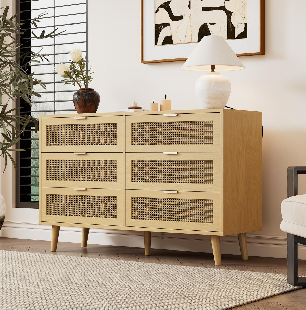 SIDEBOARD 120/40/76,5 cm in Walnuss mit 6 Schubladen und Rattan-Optik - Eichefarben, Holzwerkstoff (120/76.5/40cm) - Flora Grace