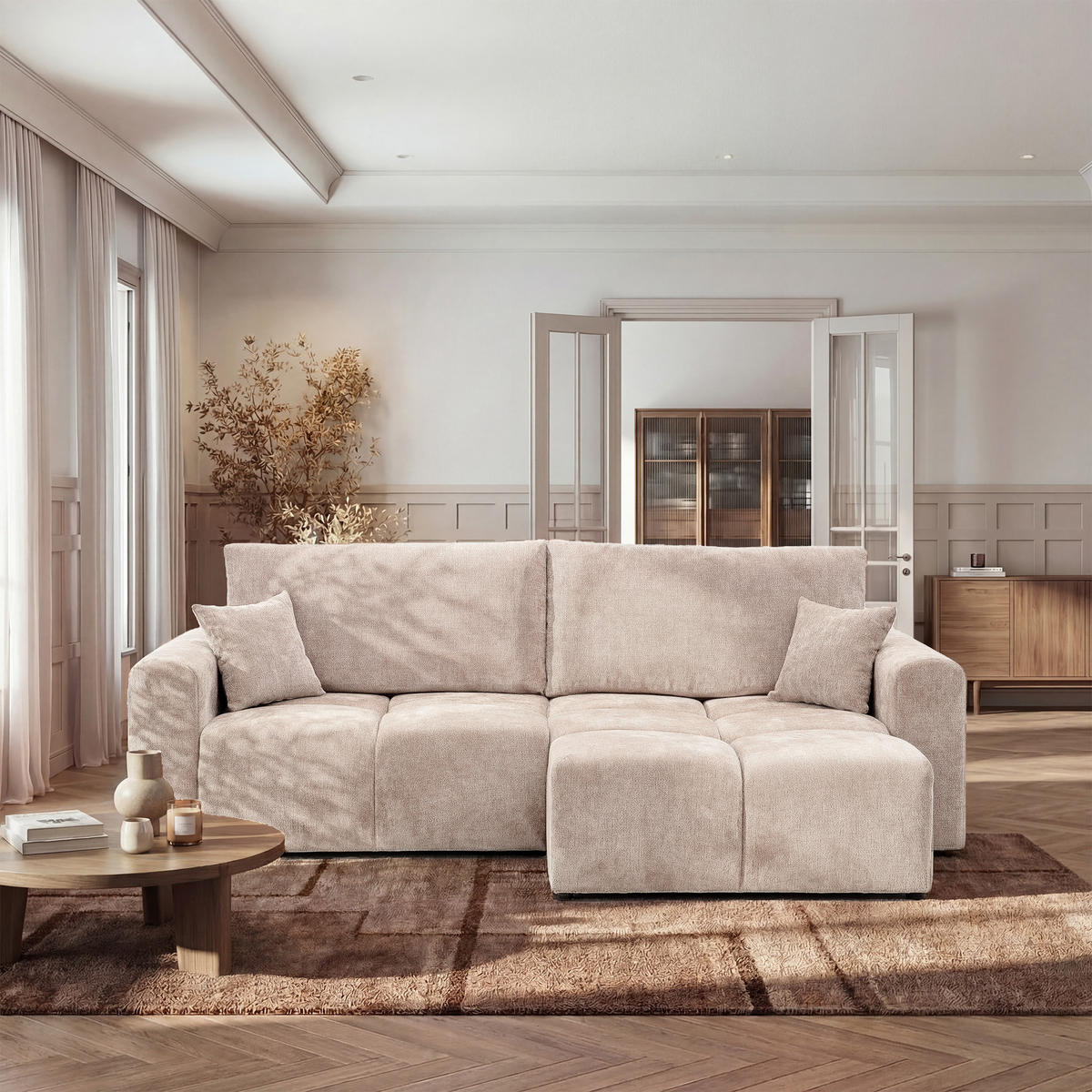 ECKSOFA BALOO mit Schlaffunktion und Bettkasten Beige - Beige, Holzwerkstoff/Kunststoff (250/90/90cm) - Idohome