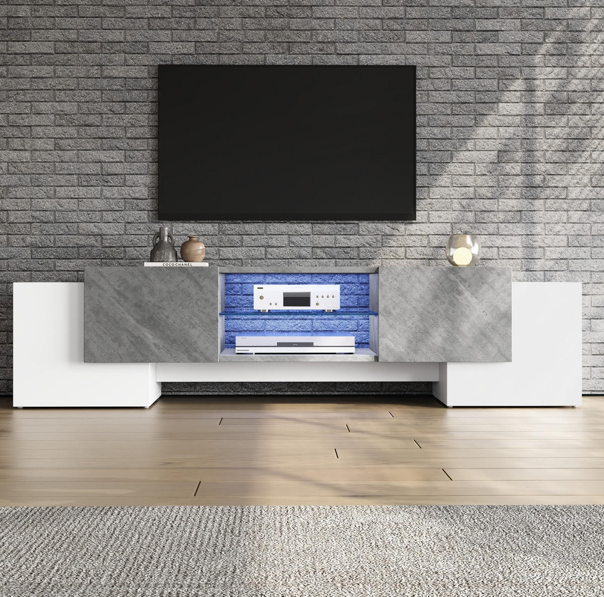 TV-LOWBOARD aus MDF 180x40x46,5 cm Weiß/Grau mit LED-Beleuchtung und 4 Schranktüren - Weiß, Holzwerkstoff (180/46.5/40cm) - IVMEU