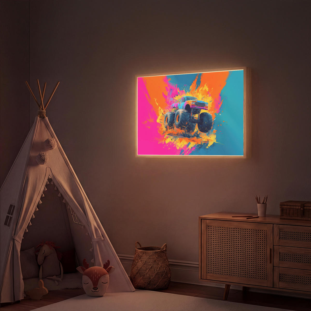 NÁSTĚNNÁ LAMPA S AKUMULÁTOREM Monster truck - Abstraktní - Stříkající barva - Barevné 90x60 cm - růžová, kompozitní dřevo (90/60/8cm) - OnlyWow