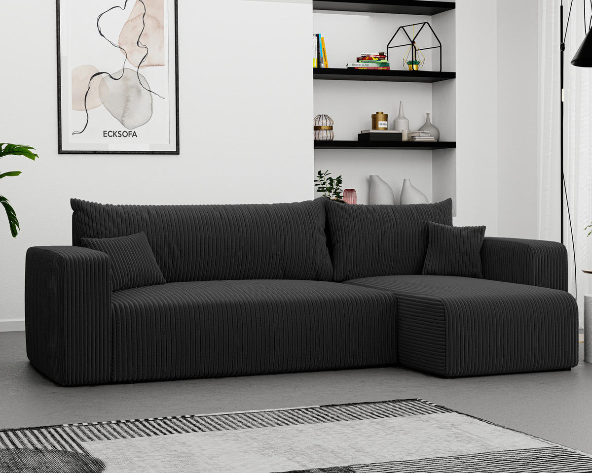 ECKSOFA Schwarz Cord-Stoff mit Bettkasten - Schwarz, Textil (248/145cm) - Idohome