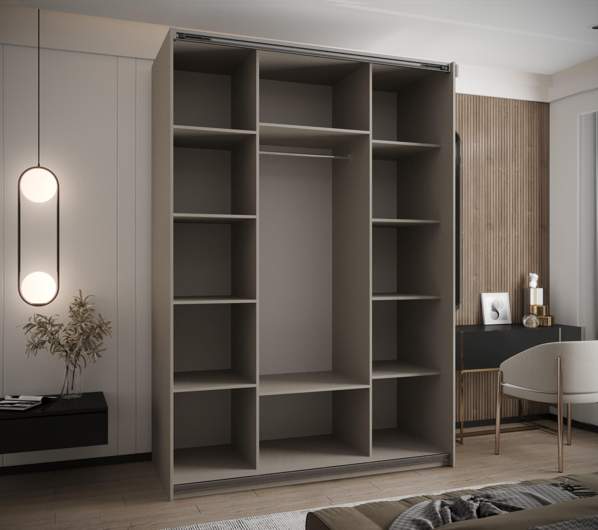 Thumbnail - Abiks Möbel Schwebetürenschrank, Kaschmir, Kaschmir, Schwarz, Metall, Nachbildung, 10 Fächer, 160x245x64 cm, Schlafzimme...