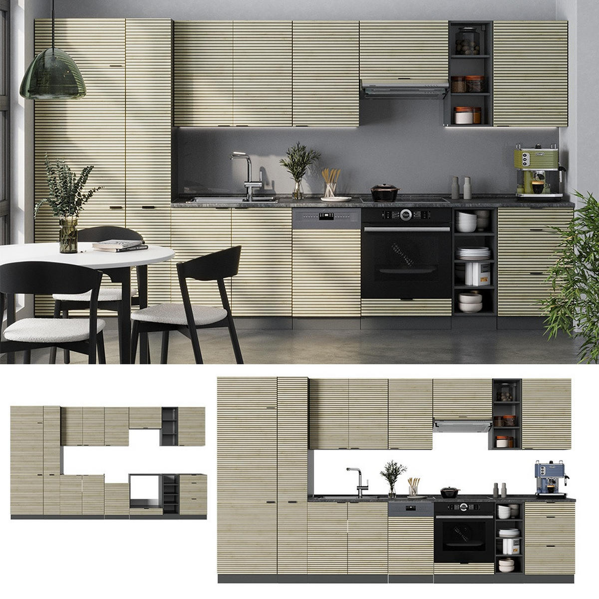 KUHINJSKI BLOK Fame-Line Hrast Panel/Antracit 355 cm , RP Hrast - boje hrasta/antracit, drvni materijal (355/206.8/60cm) - Vicco