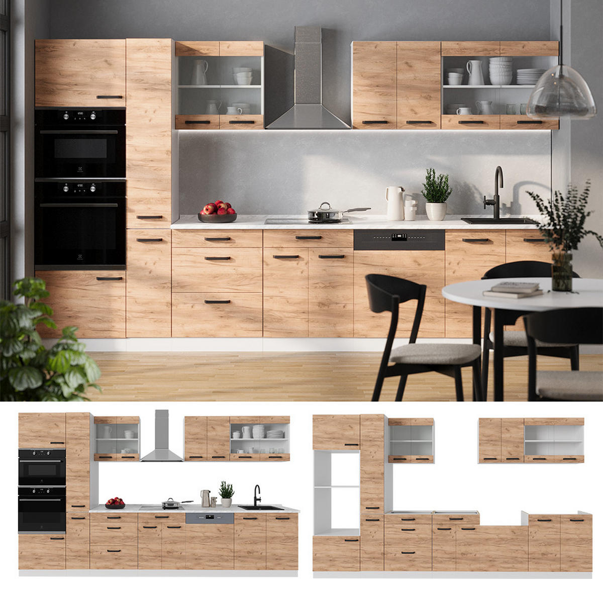 KÜCHENZEILE R-Line Goldkraft Eiche/Weiß 350 cm AP Eiche - Eiche Wotan/Weiß, Holzwerkstoff (350/81.6/60cm) - Vicco