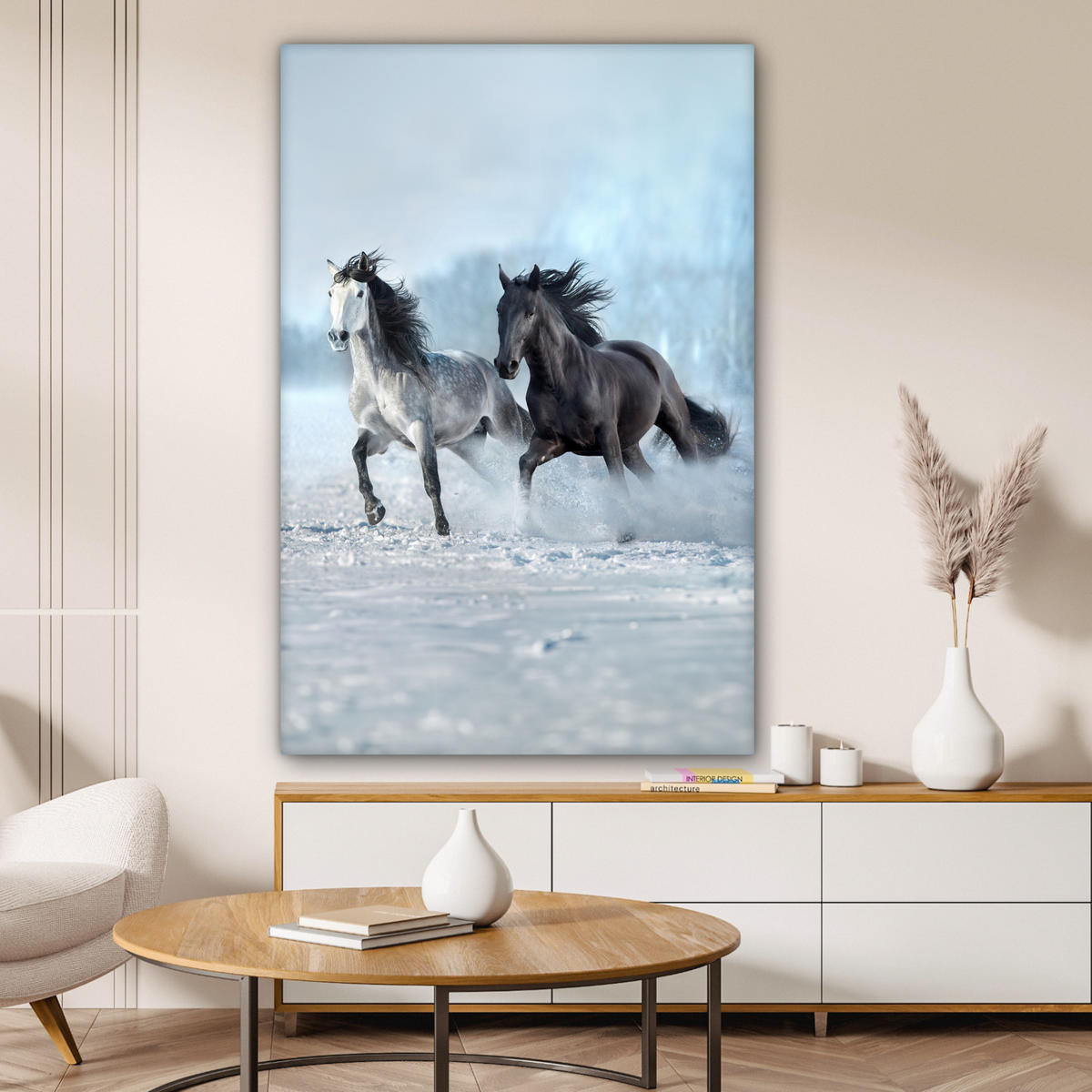 LEINWANDBILD Pferde - Winter - Tiere - Natur - Schnee 80x120 cm - Anthrazit, Textil (80/120cm) - MuchoWow