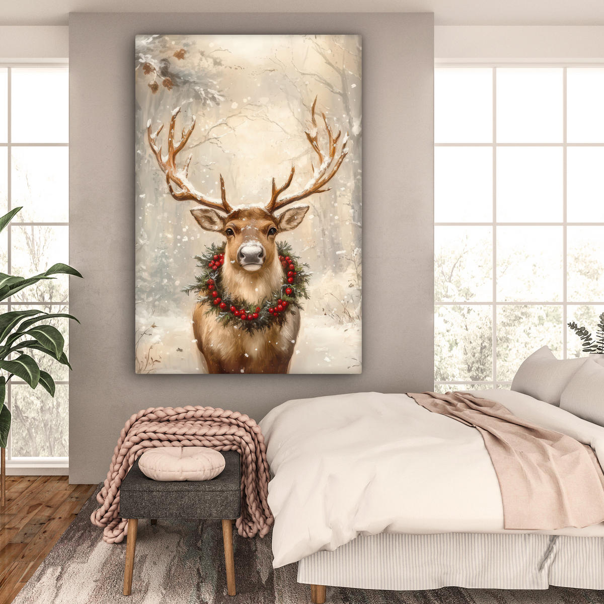 OBRAZ NA PLÁTNĚ Vánoce - sobi - zima - věnec 90x140 cm - přírodní, textil (90/140cm) - MuchoWow