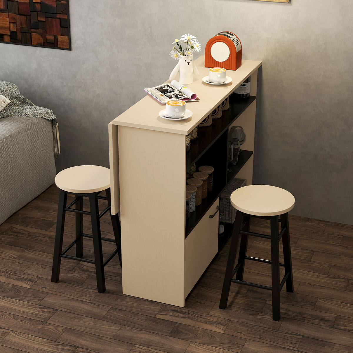 BARTISCH mit Barhocker Set, 3-teiliges Bartisch Set mit Klappbarer Tischplatte - Multicolor, Holz (70/89.5/116cm) - HOMCOM