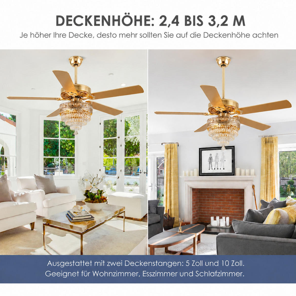 DECKENVENTILATOR Goldfarben 157,5 cm mit Kristallleuchte und Fernbedienung - Goldfarben, Metall (157.5/157.5/62.5cm) - Surtime