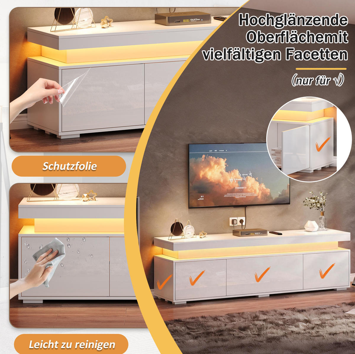 TV-LOWBOARD 150/35/43 cm Weiß aus Spanplatte mit LED-Beleuchtung - Weiß, Holzwerkstoff (150/43/35cm) - OKWISH