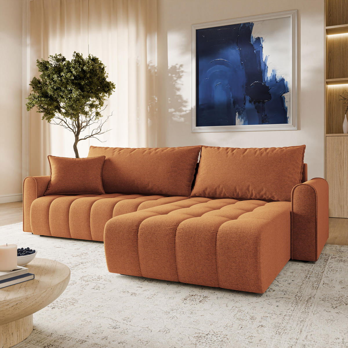 ECKSOFA FRIGA Orange Strukturstoff mit Schlaffunktion - Orange, Holz (283/185cm) - MASSENO