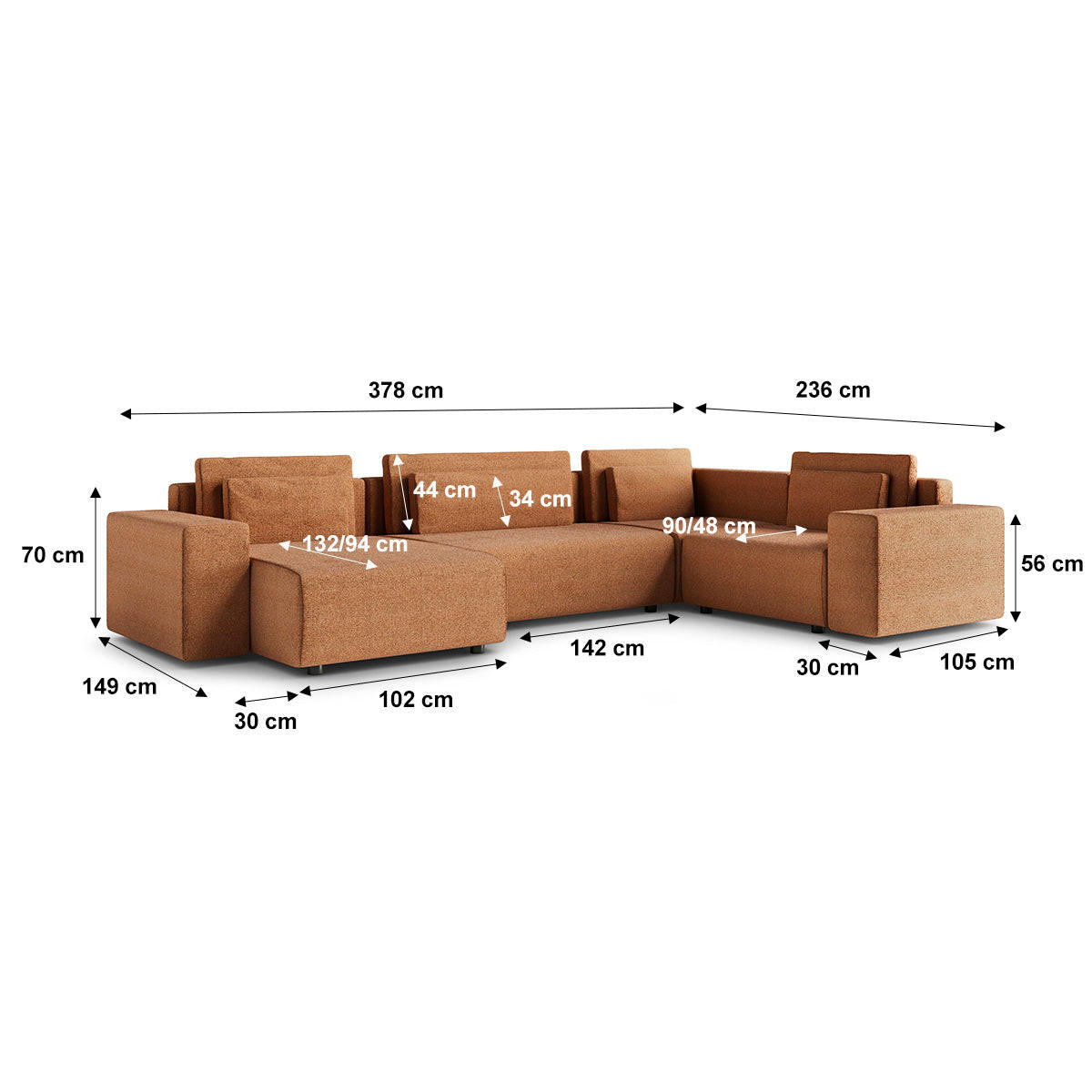 PANORAMASOFA Lorenzo 5 Sitzplätze Orange - Orange, Holz (378/85/236cm) - Petits-meubles