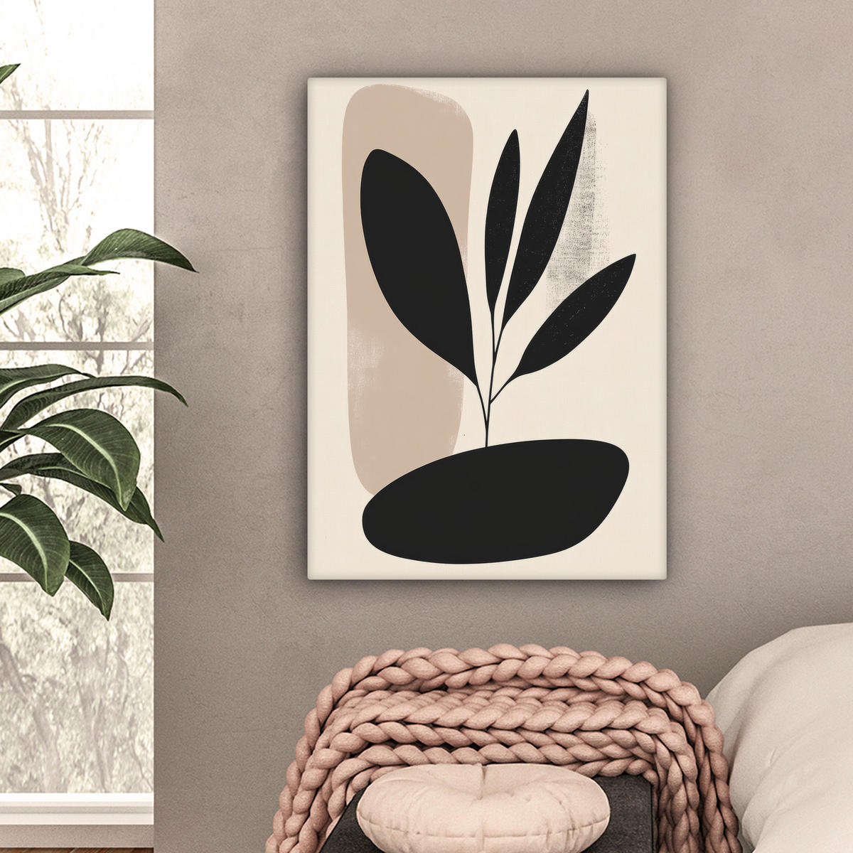 LEINWANDBILD Pflanze - Beige - Japanisch 60x80 cm - Schwarz, Textil (60/80cm) - MuchoWow