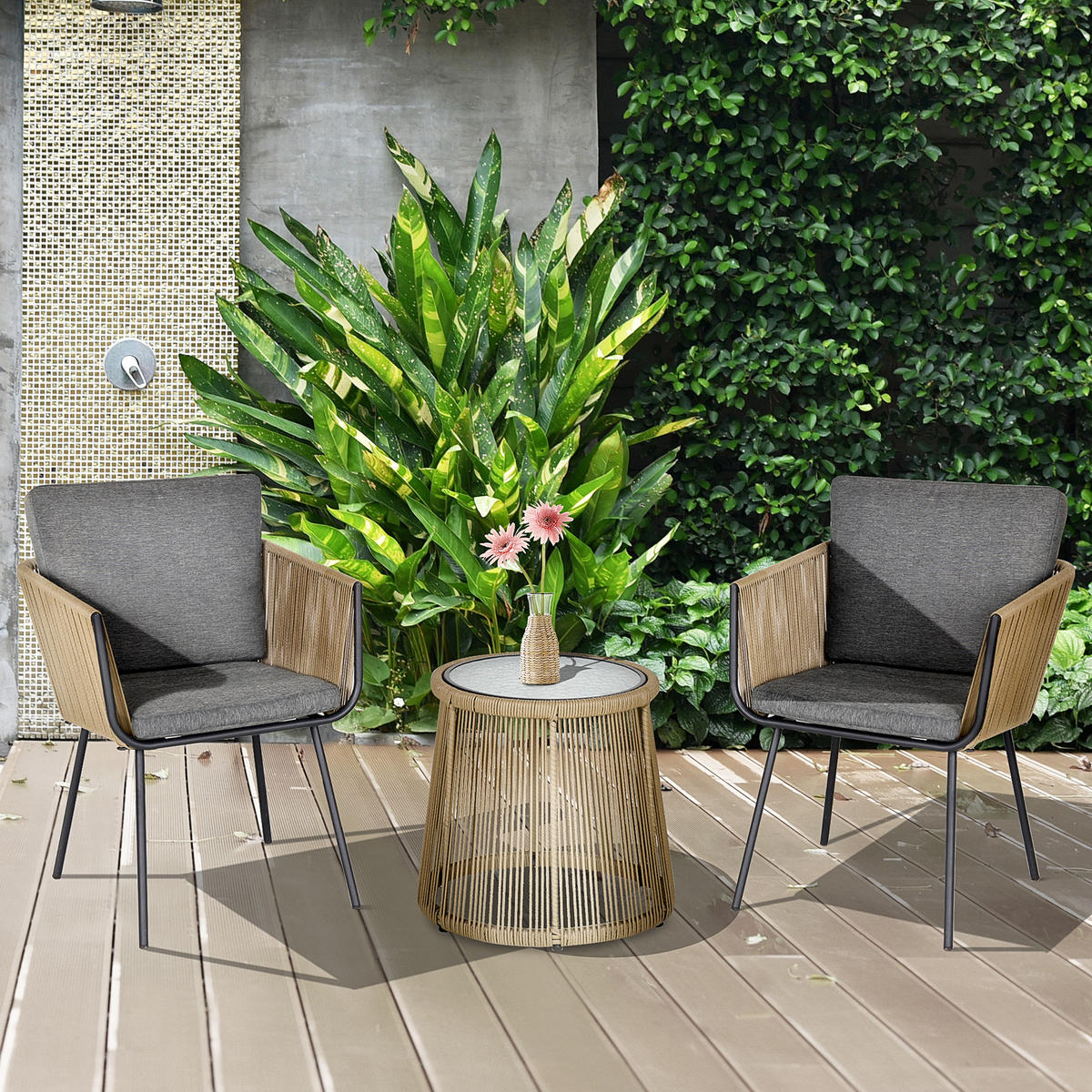 SITZGRUPPE, 3-tlg. Rattan Gartenmöbel-Set, Gartengarnitur mit 2 Gartenstühle - Grau, Kunststoff - Outsunny