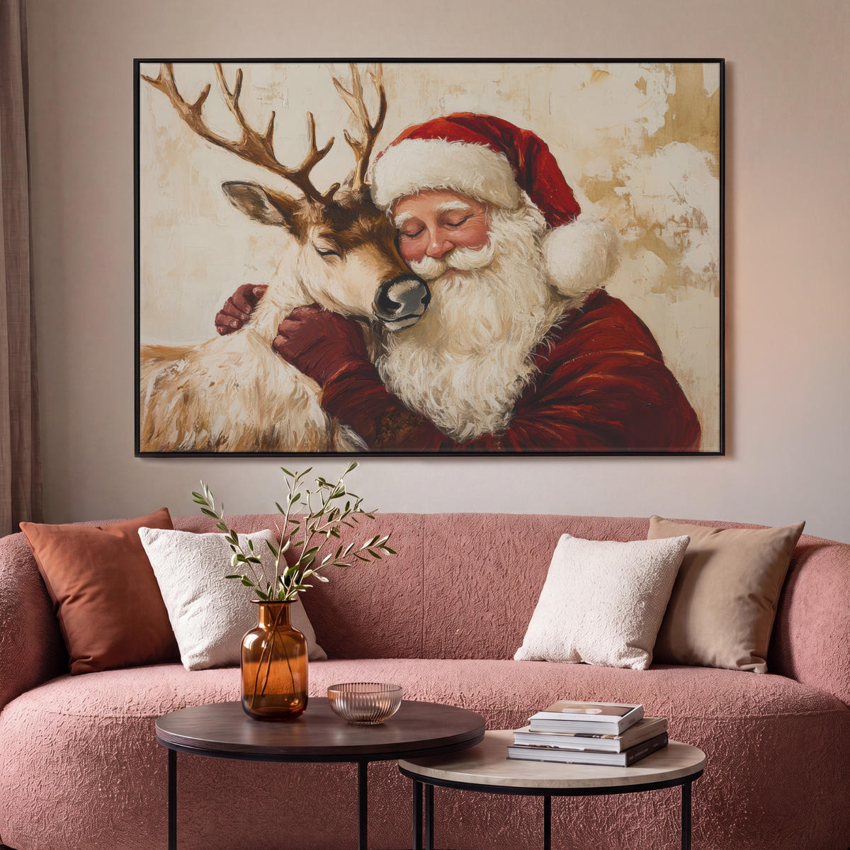LEINWAND Bilder mit Rahmen - Weihnachtsmann - Rentier - Weihnachten - 140x90 - Rotbraun, Textil (140/90cm) - MuchoWow