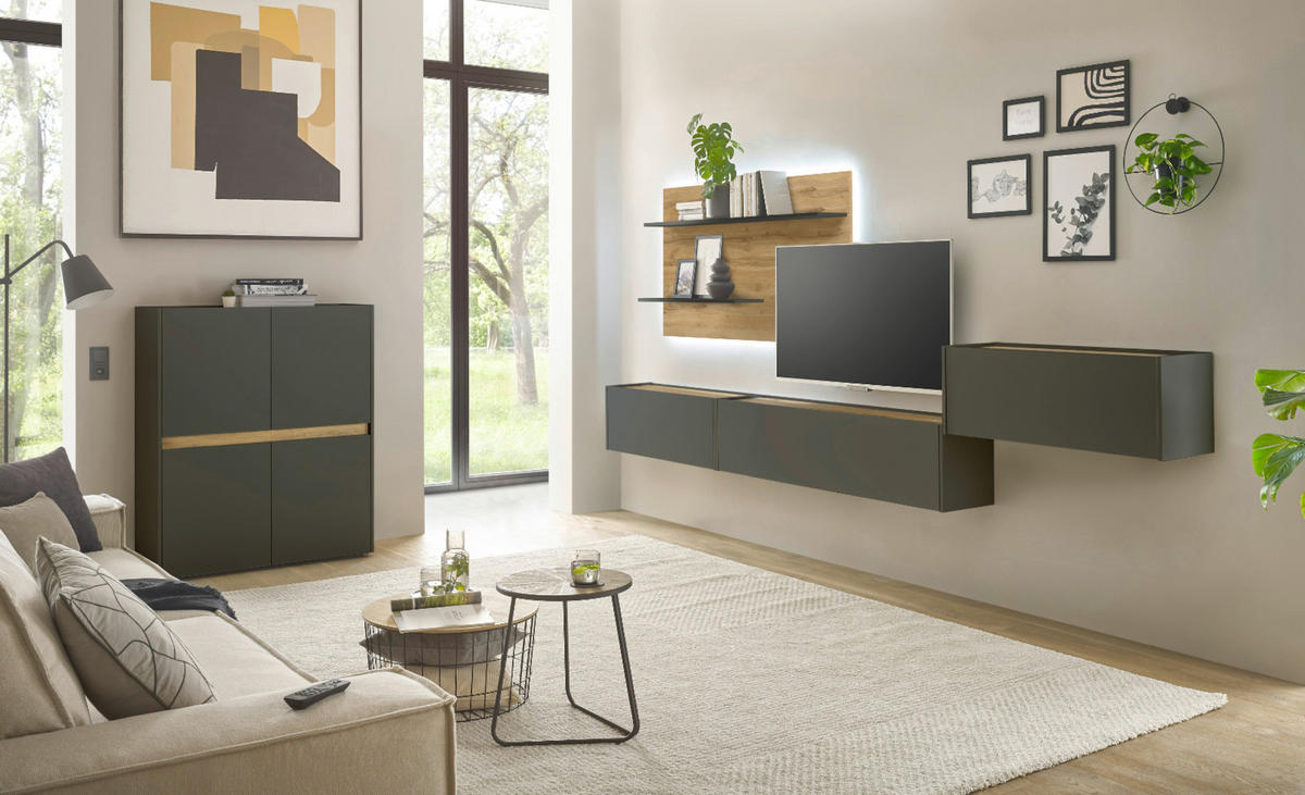 WOHNWAND grau matt, Eiche Wotan 470 cm, Schrankwand mit Sekretär - Eiche Wotan/Grau, Holzwerkstoff/Kunststoff (470/180/40cm) - Furn.Design