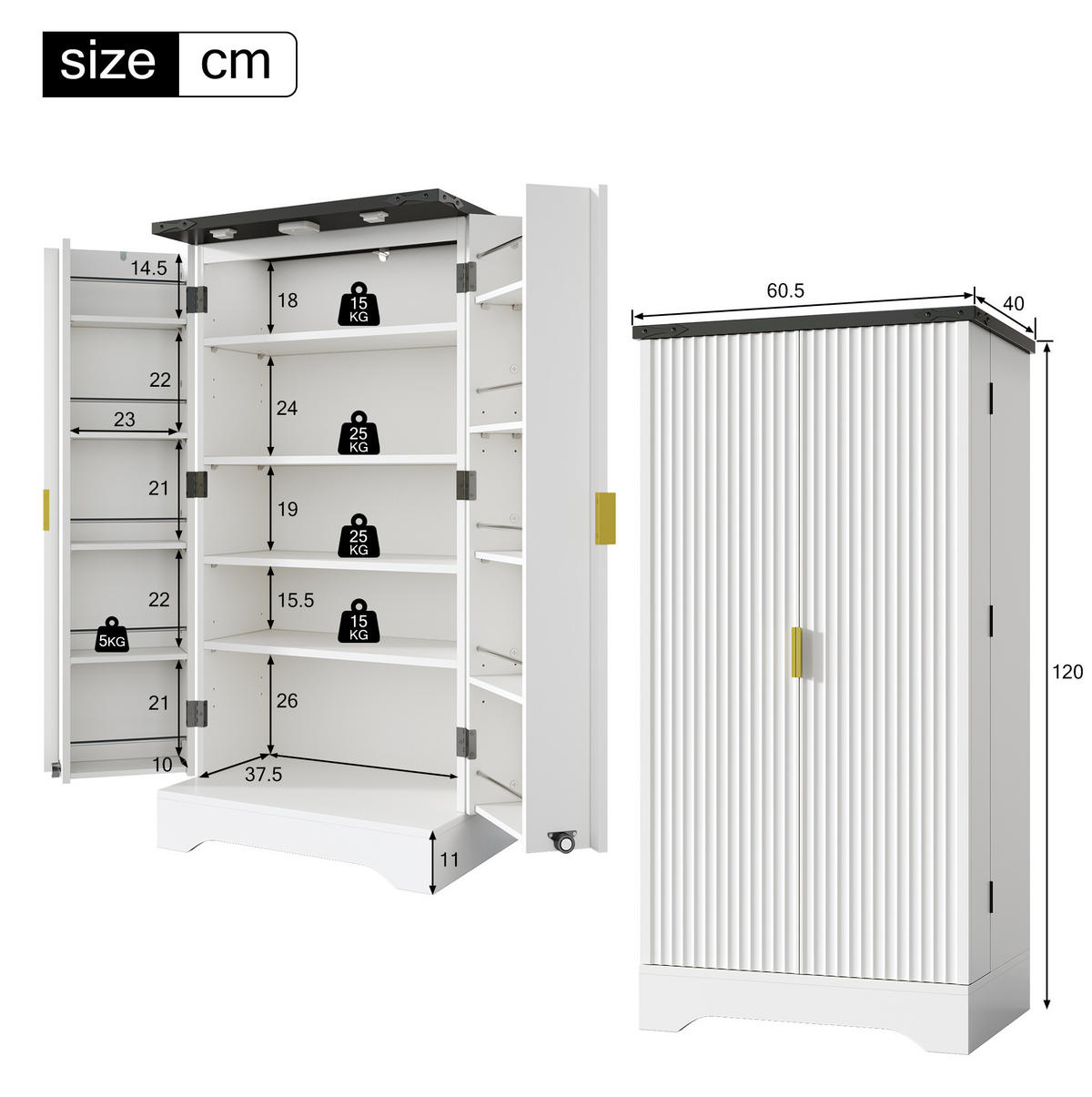 ANRICHTE 120/60,5/40 cm in Weiß mit LED-Beleuchtung und verstellbaren Böden - Weiß, Holzwerkstoff (60.5/120/40cm) - Flora Grace