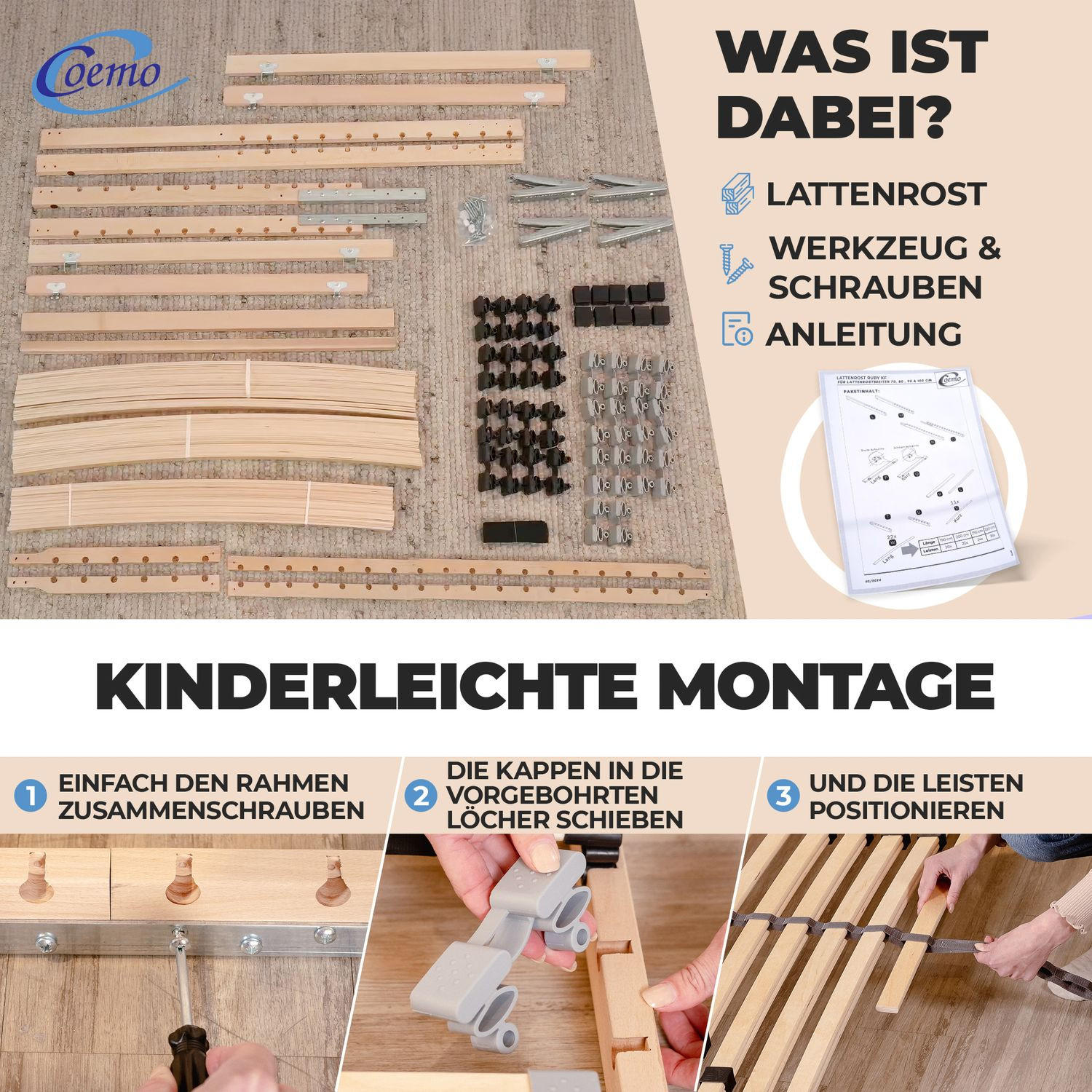LATTENROST ERGO KF 120x200 cm mit Kopf- & Fußteilverstellung - Naturfarben, Holz (120/200cm) - Coemo