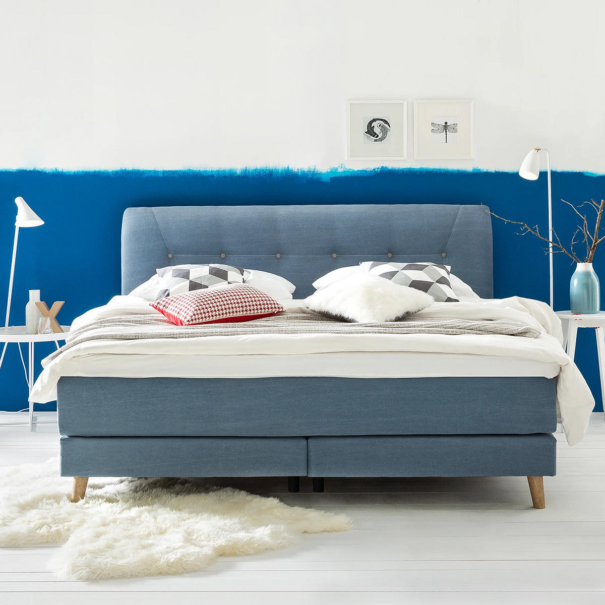BOXSPRINGBETT - Webstoff - Hellblau, Naturmaterialien (200/200cm) - home24