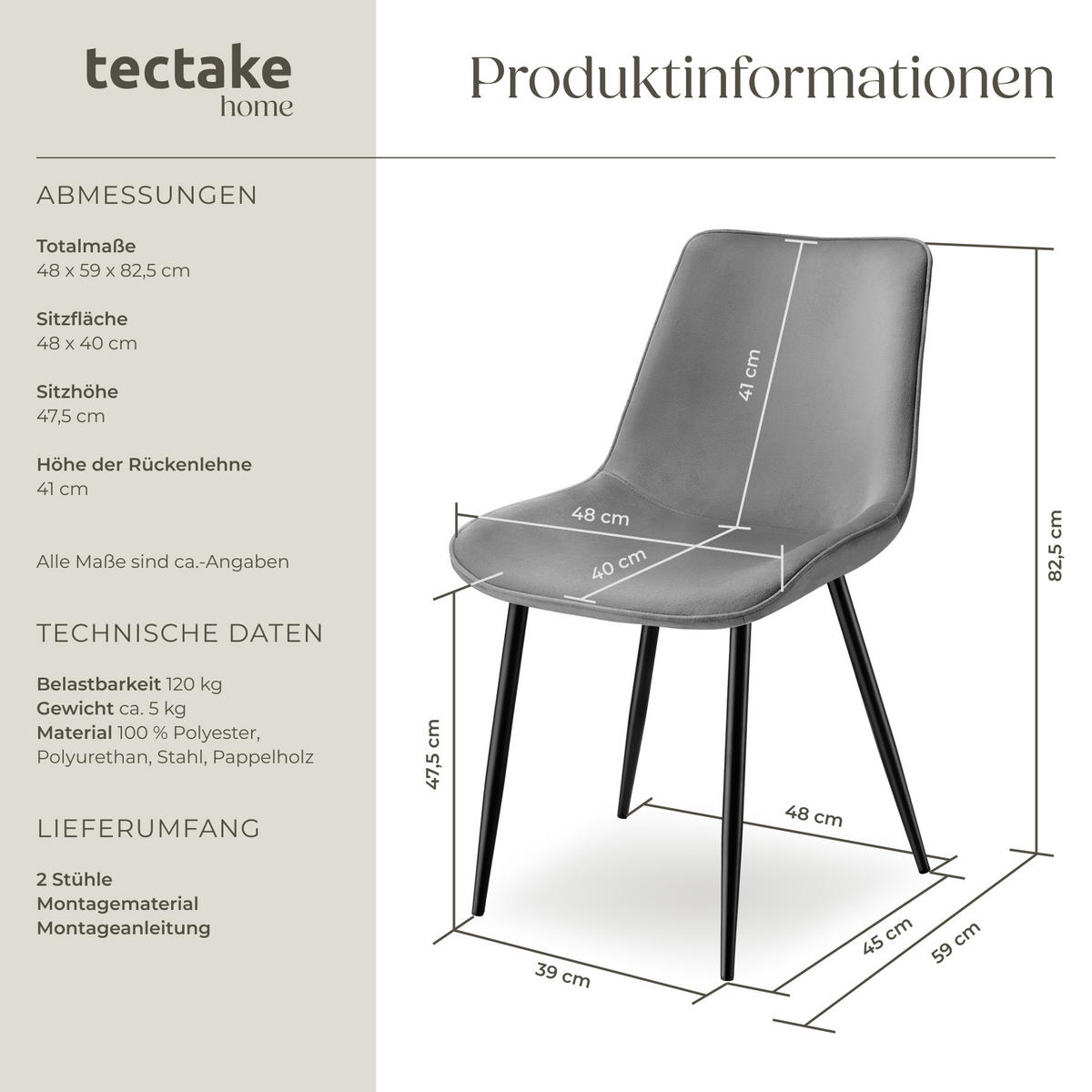 STUHL 6er Set Monroe 48 x 59 x 82 5 cm grau - Grau, Textil (48/82.5/59cm) - tectake