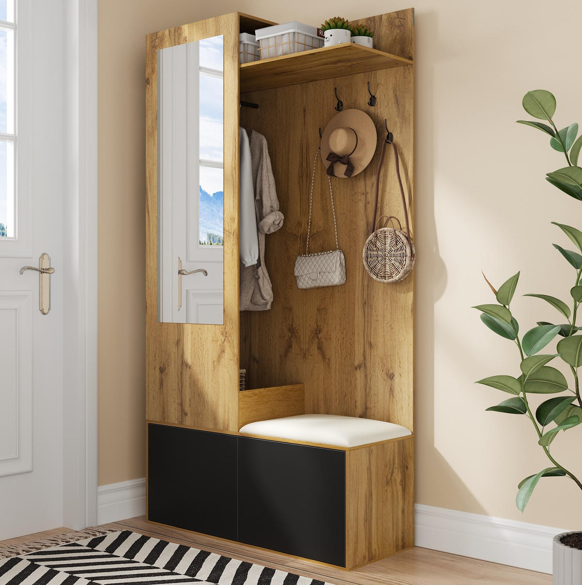 SCHUHSCHRANK aus MDF 100x38x191cm in Natur mit Bank & Spiegel - Naturfarben, Holzwerkstoff (100/191/38cm) - Modfu