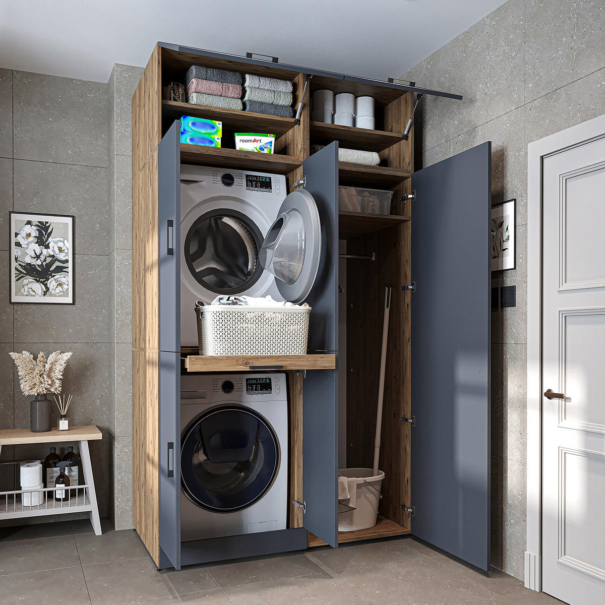 WASCHMASCHINENSCHRANK DORA-I 130cm Breit, 230cm Hoch - Anthrazit, Holzwerkstoff (130/230/73.8cm)