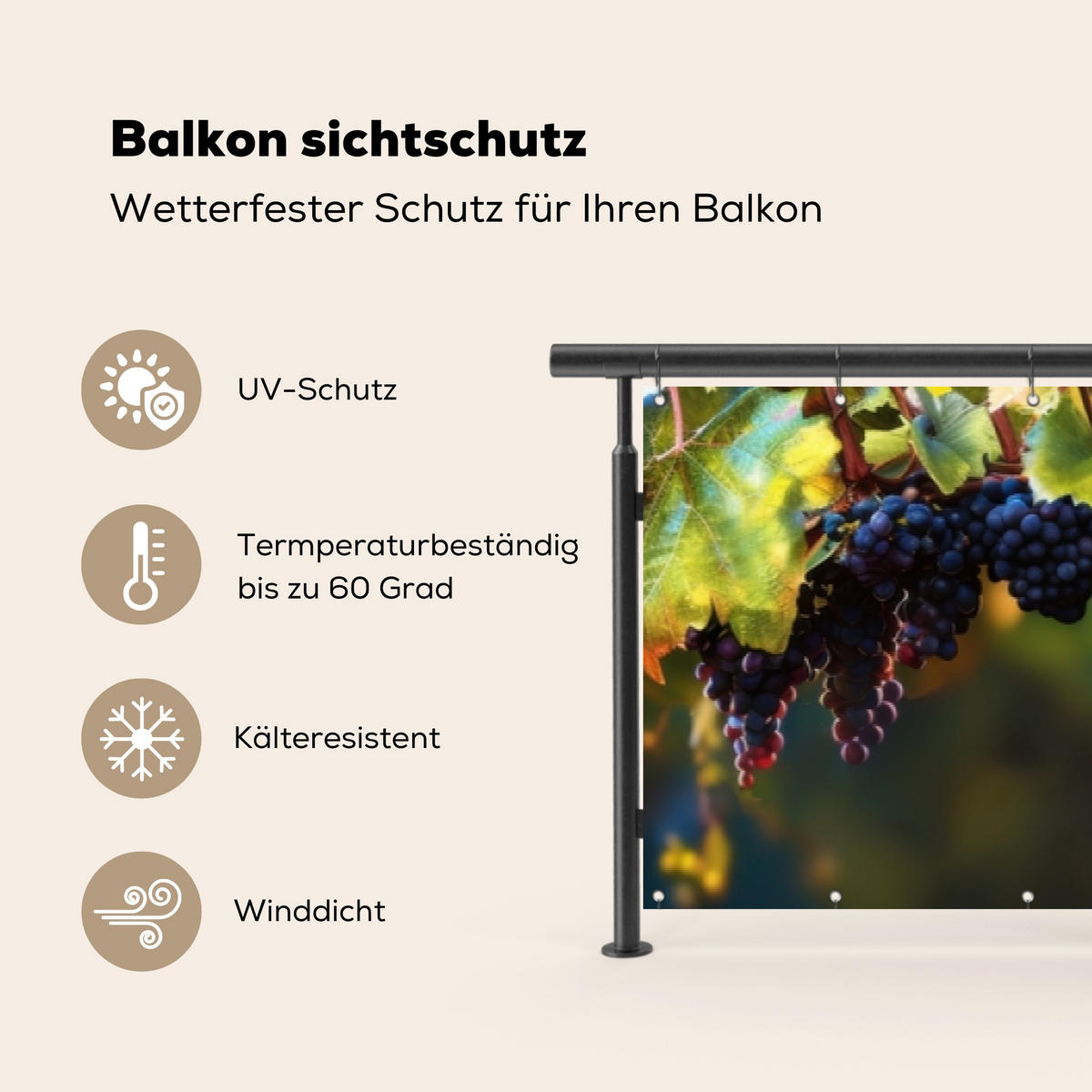 BALKON-SICHTSCHUTZ Trauben - Wein - Natur - Grün - Weinrot, Kunststoff (500/90cm) - MuchoWow