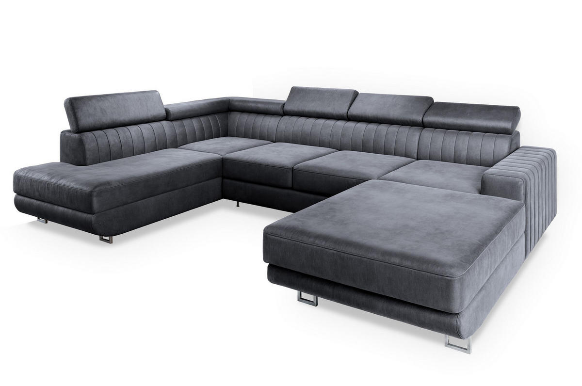 WOHNLANDSCHAFT SIENA L-S Grau Velours-Stoff mit Schlaffunktion - Grau, Holz (335/89/190cm) - MASSENO