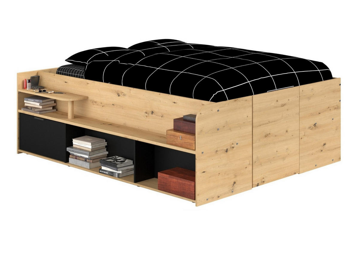 STAURAUMBETT Jugendzimmer Bett 140x200 hydraulischer Bettkasten - Schwarz/Naturfarben, Holz/Holzwerkstoff (140/200cm) - Parisot Meuble