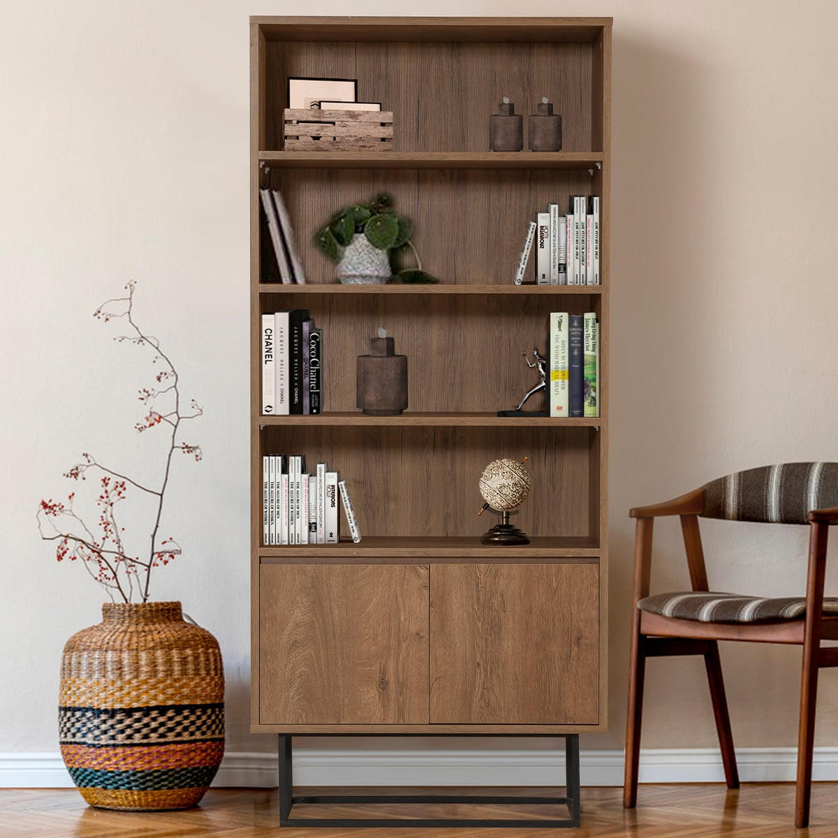 REGAL mit 3 Regalböden und 2 Türen, Nussbaumdekor, H182 cm - Rea - Nussbaumfarben, Holzwerkstoff (36/182/80cm) - Calicosy