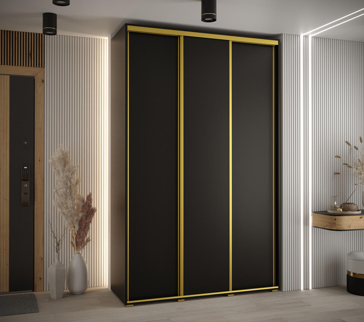 SCHWEBETÜRENSCHRANK 235,2/160/60 3-türig - Goldfarben/Schwarz, Holz/Metall (160/235/60cm) - Abiks Möbel
