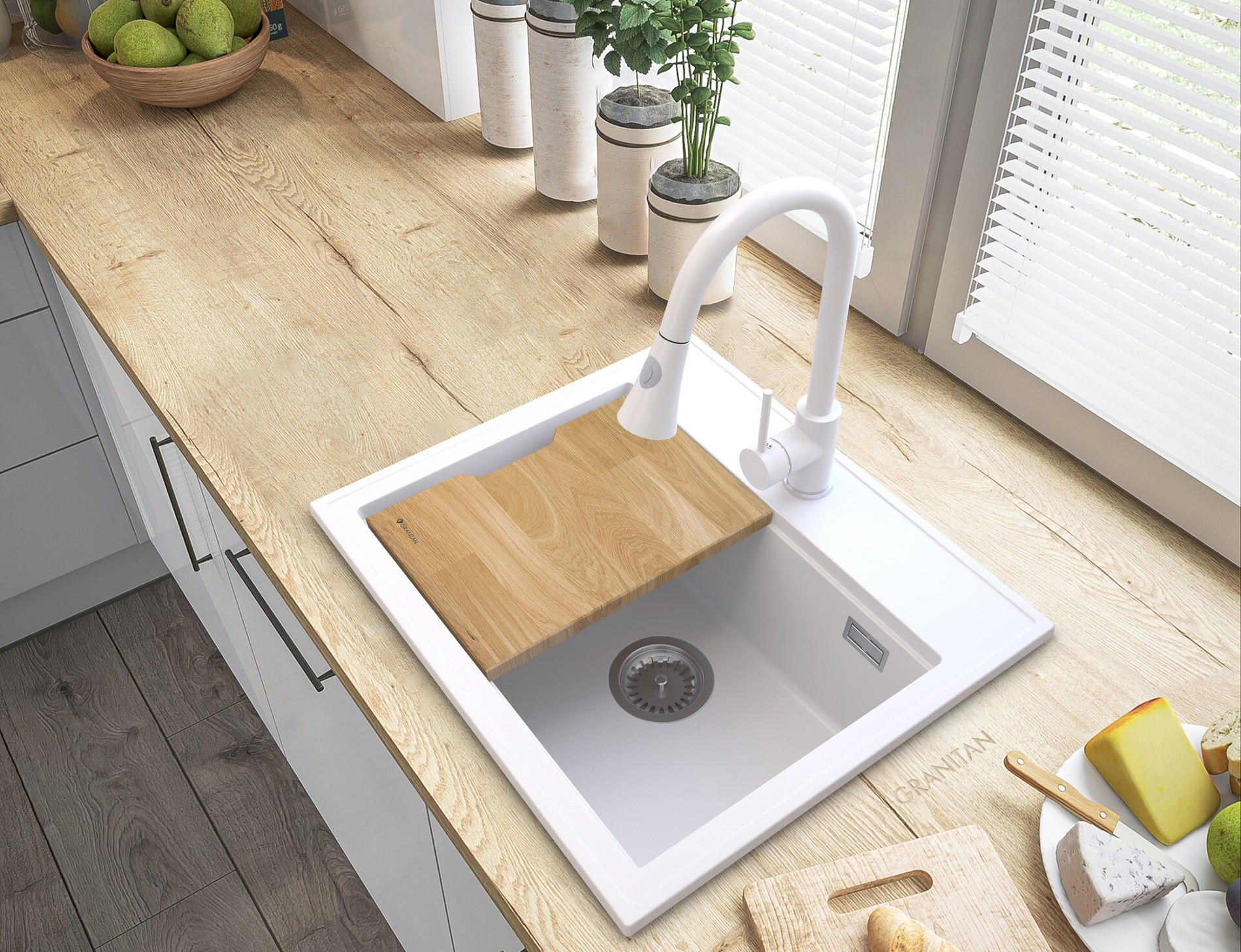 GRANITSPÜLE Foxal mit Siphon Armatur - Weiß, Kunststoff/Stein (56/50/21cm) - Granitan