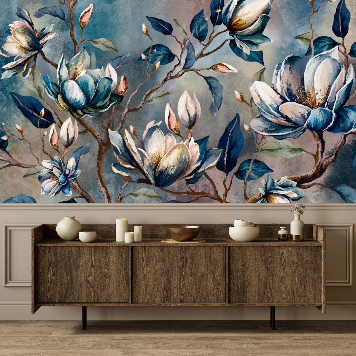 FOTOTAPETE für Wohnzimmer Wunderschöne Magnolien Blätter Zweige Blumen 500x350 - Multicolor, Papier (500/350cm) - Muralo