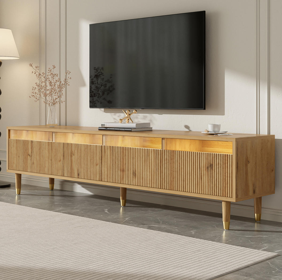 TV stolek 178/35/45 cm s 4 zásuvkami, kabelovými průchodkami a úložným prostorem, Dřevěná barva - přírodní, kompozitní dřevo (178/45/35cm) - Redom