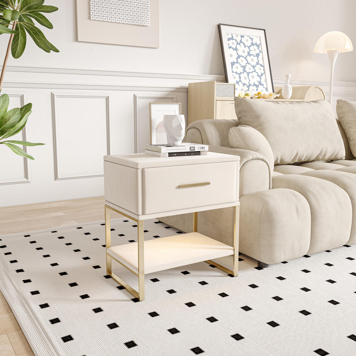 NACHTTISCH 2er Set Samt LED 1 Schublade beige - Beige, Holz (31/50/40cm) - LEBENLANG