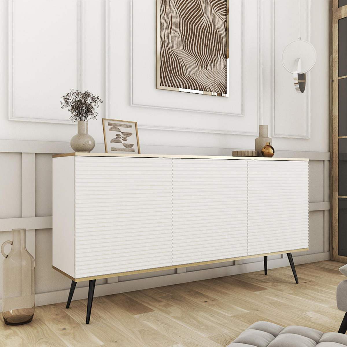 KOMMODE FORNO (Weiß, Rillenfront, Goldene Details, 3 Türen, schwarze Metallfüße, 160 cm) - Schwarz/Weiß, Holz/Holzwerkstoff (160/85/39cm) - Ravio