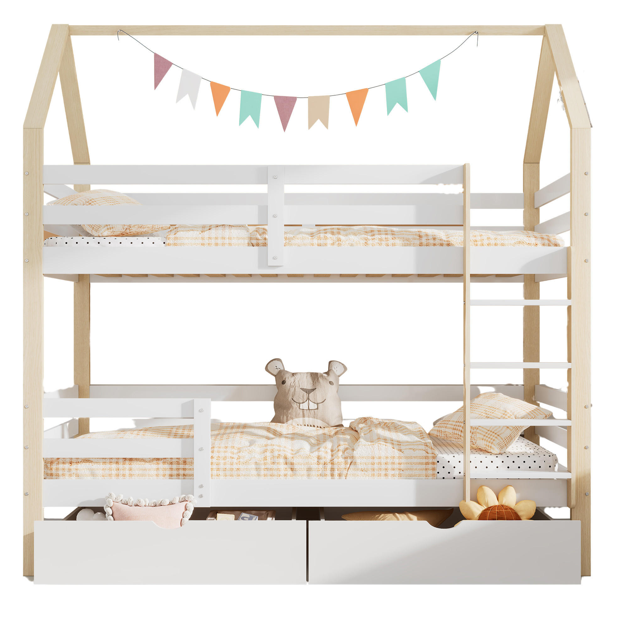 KINDERBETT 90/200 cm Hausform Weiß mit großen Schubladen - Weiß, Holz (90/200cm) - OKWISH