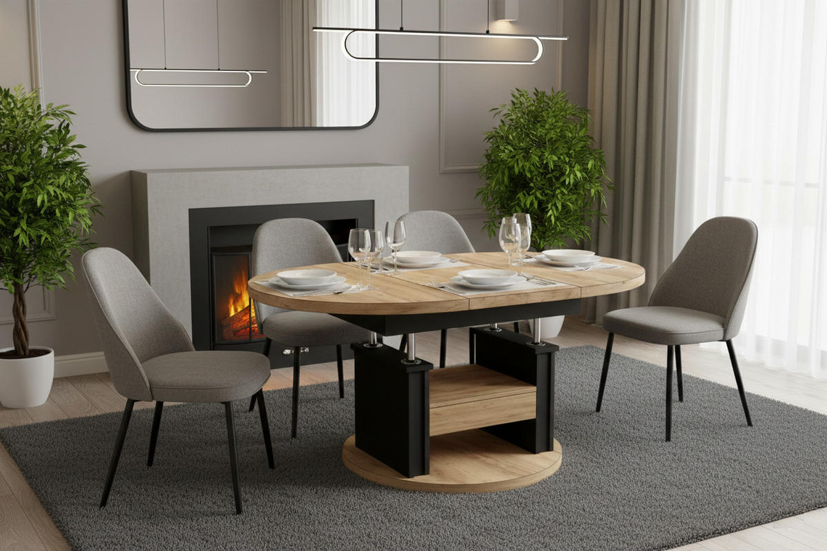 COUCHTISCH rund ausziehbar höhenverstellbar Schubalde 100/100/60 cm - Eichefarben/Schwarz, Holzwerkstoff (100/100/60cm) - designimpex