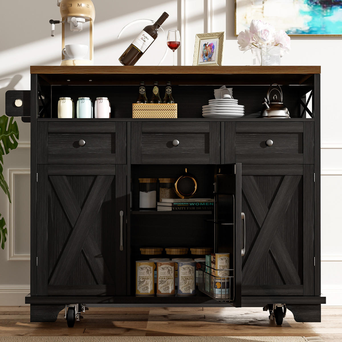KÜCHENINSEL 118x43x98cm Schwarz mit klappbarer Platte, Schublade, Snackhalter & 5 Rollen - Schwarz, Holzwerkstoff (118/98/43cm) - Modfu