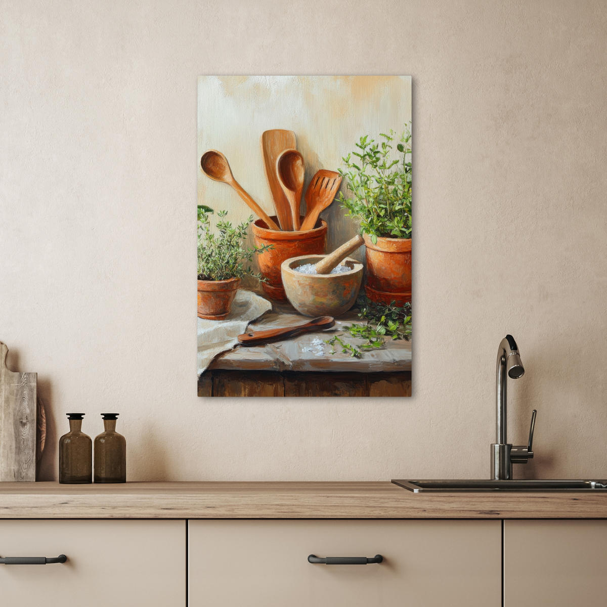 LEINWANDBILD Töpfe - Kräuter - Holz 40x60 cm - Terracotta, Textil (40/60cm) - MuchoWow