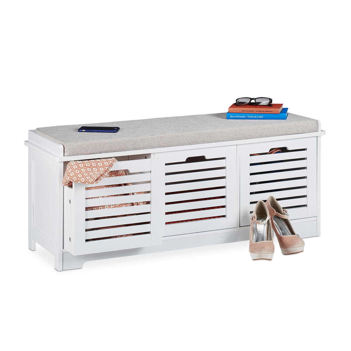 SITZBANK - Weiß, Holzwerkstoff/Textil (105/44/35cm) - Relaxdays