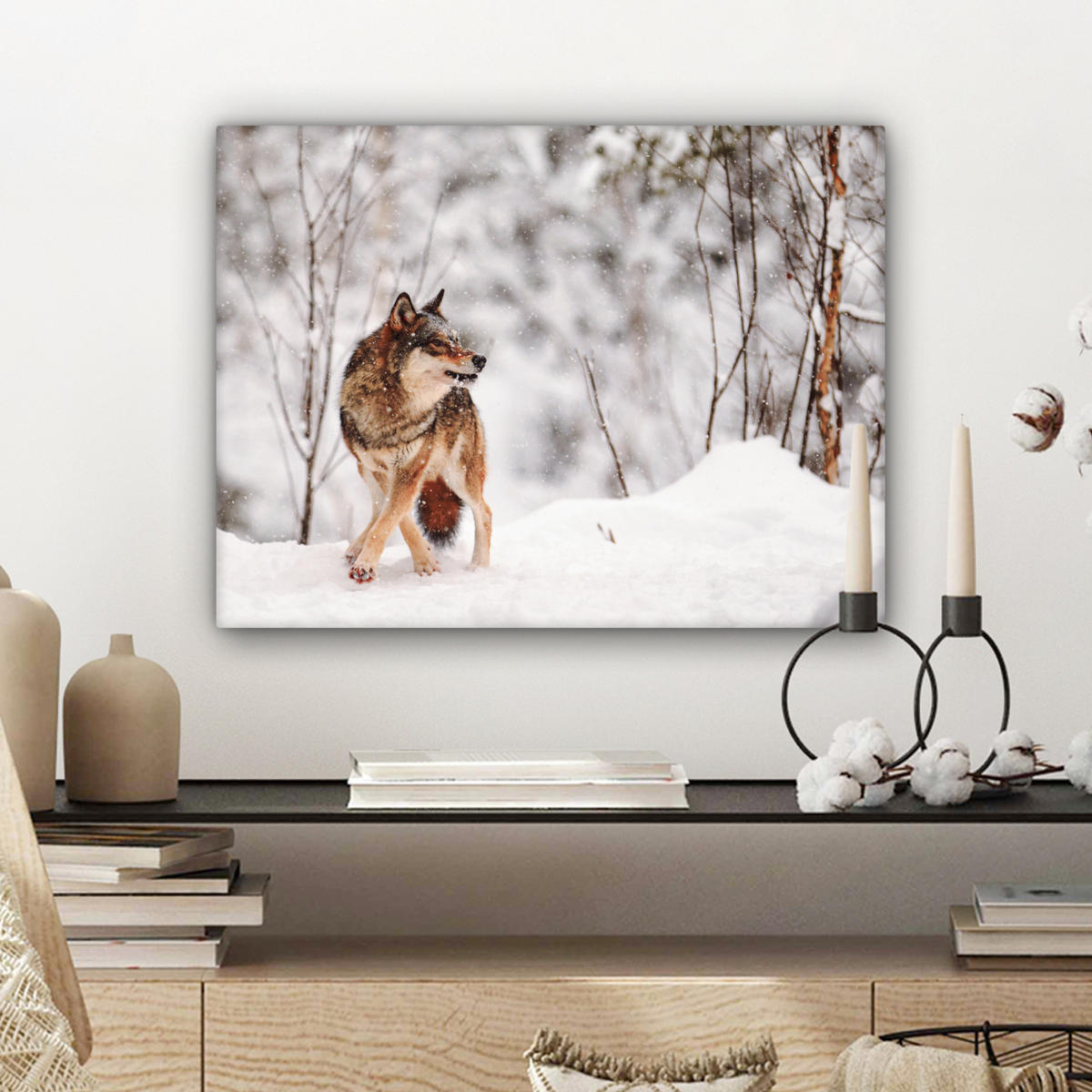 LEINWANDBILD Wolf - Winter - Schnee - Natur - Tiere Wandbild 40x30 cm - Haselnussfarben, Textil (40/30cm) - MuchoWow