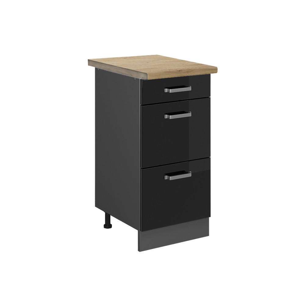 KÜCHENUNTERSCHRANK R-Line Schwarz Hochglanz 40 cm mit Schubladen AP Eiche - Schwarz Hochglanz/Anthrazit, Holzwerkstoff (40/81.6/60cm) - Vicco